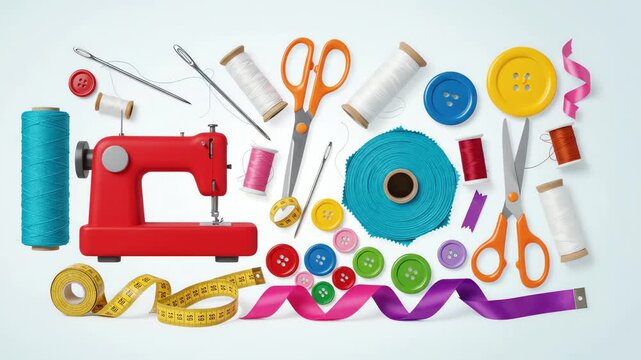 Flat lay of sewing tools including a red sewing machine, colorful threads, scissors, and buttons