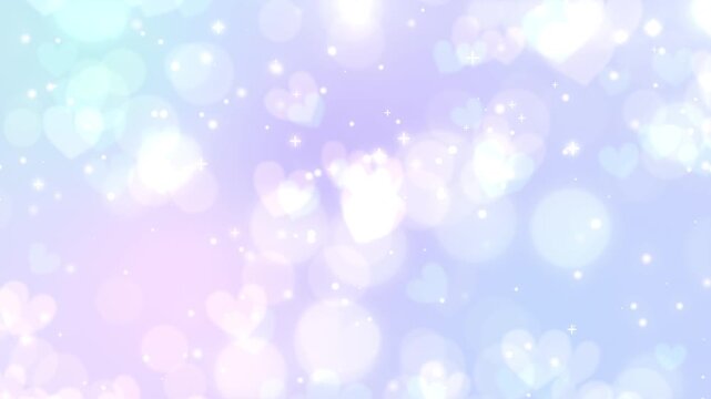 ラベンダーパープル背景に舞い散るハート型のボケとキラキラ輝く光のシームレスループ動画素材 / Glowing heart bokeh and sparkling light loop on lavender purple gradient background