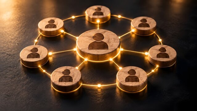 Conceptual networking and leadership diagram with wooden human icons connected by glowing lines on a dark background.