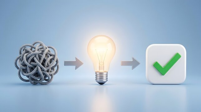 3D minimalist concept showing the journey from tangled rope chaos to a glowing lightbulb idea and successful green checkmark button, representing creative problem solving and simplified logic.