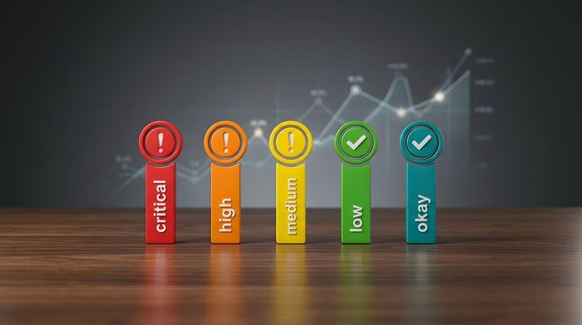 3D risk assessment indicators on wood surface. Five color-coded levels from critical to okay with warning and check icons. Includes business graph background.