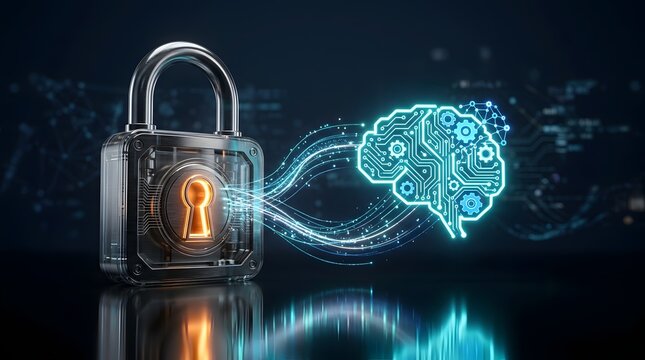 Futuristic AI Cybersecurity Concept with Digital Brain and Secure Padlock Representing Data Protection and Privacy Technology