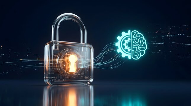 Futuristic cybersecurity concept featuring a glowing glass padlock and artificial intelligence brain icon representing digital data protection and encrypted machine learning networks.