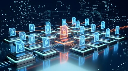 Obraz premium Futuristic cybersecurity concept showing secure digital file storage and encrypted data protection with glowing lock icons on high-tech network interface background.