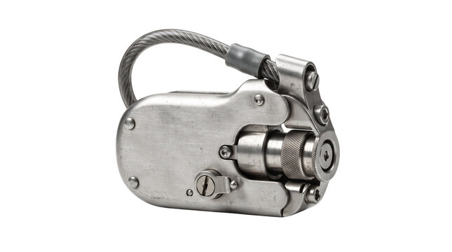 Industrial stainless steel padlock with wire cable shackle, heavy duty metal security lock, vintage mechanical hardware