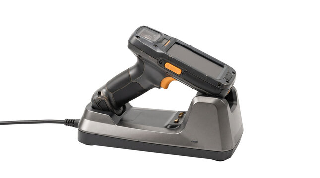 Industrial barcode scanner on charging dock, handheld mobile computer for warehouse logistics, wireless data terminal on white background