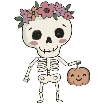 halloween cute skeleton holding a pumpkin and wearing a flower crown spooky illustration