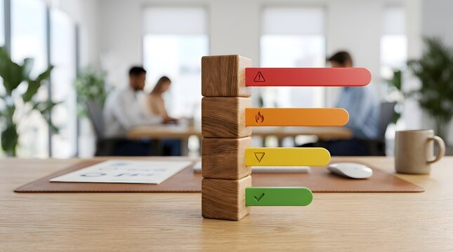 Minimalist 3D risk management concept featuring wooden blocks and color-coded level indicators from high to low priority on a modern office desk background.