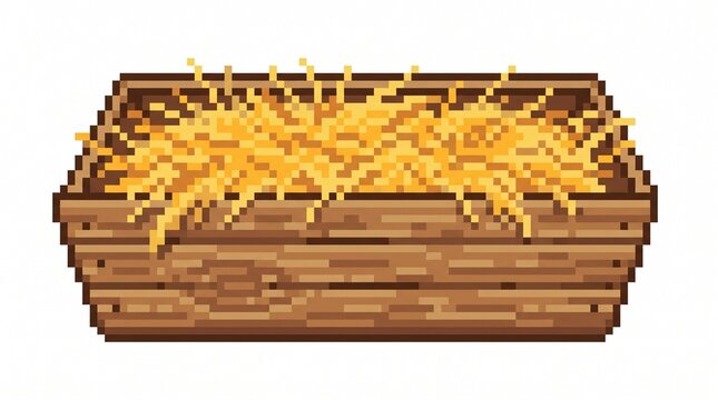 8-bit pixel art of a rustic wooden feeding trough filled with hay game asset isolated on white.