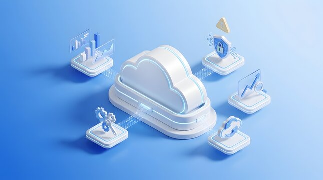 Minimalist futuristic 3D isometric cloud computing concept featuring data security, analytics, and network synchronization icons on a clean blue background for technology and business.