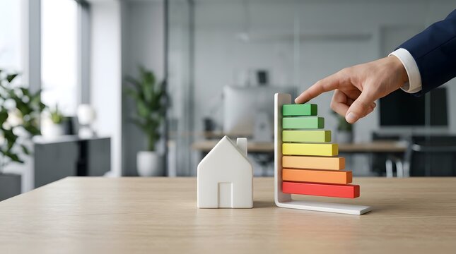 Minimalist house model with energy efficiency rating chart on office desk, businessman hand pointing at top green level for sustainable home performance concept.