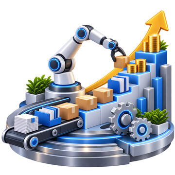 3D illustration of robotic arm manufacturing and logistics with rising financial growth chart.