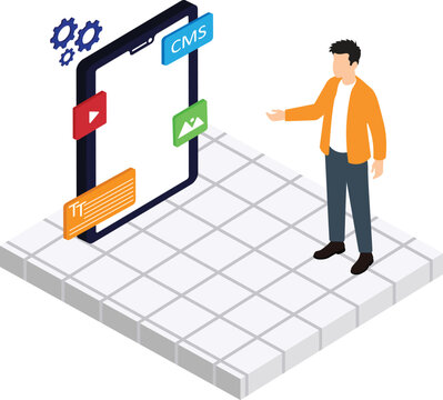 Isometric webmaster managing content management system on smartphone interface