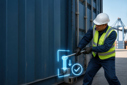 Dock Worker Securing Container with Connection Hologram