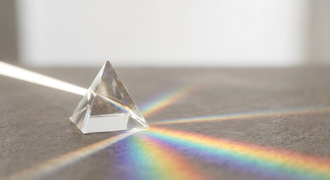 Modern optical glass prism with caustic light dispersion on stone gray surface