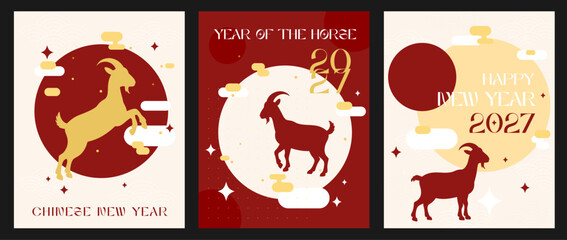 Fototapeta premium Chinese new year 2027 year of the goat chinese zodiac goat and calligraphy on red color background vector illustration template for poster banner greeting card cover chinese translation Mobile