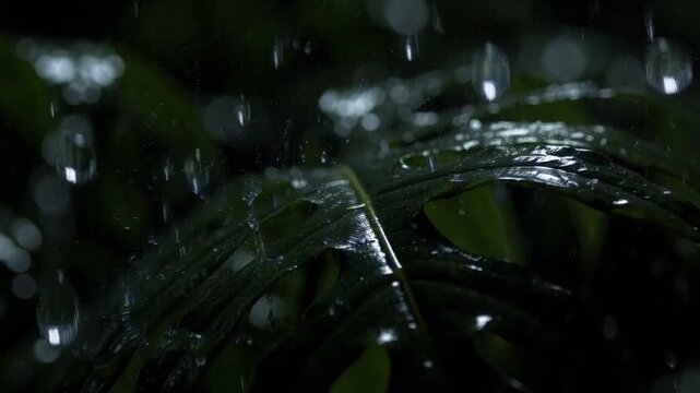 Heavy Raindrops Splashing on Dark Lush Green Forest Leaves in Slow Motion 4K