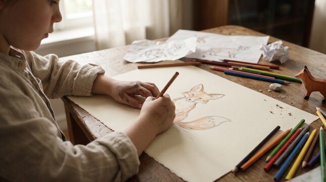 Young child drawing a fox with colored pencils at a wooden table for World Animal Day