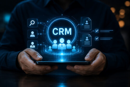 Customer relationship management software on tablet with glowing blue business icons.