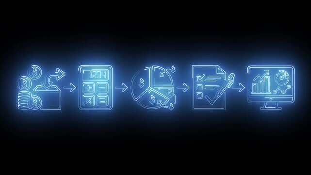 Neon Blue Financial Budgeting Calculation Chart Analysis and Performance Monitoring Motion Graphic