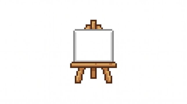 8-bit pixel art of a small wooden artist easel holding a blank white canvas game asset isolated on white.