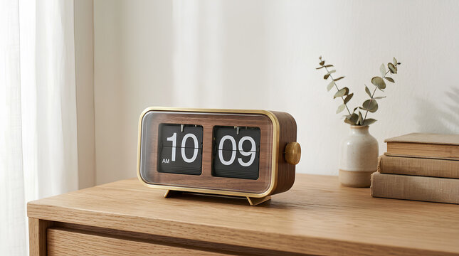 Vintage style flip clock on a minimalist wooden dresser in sunlight