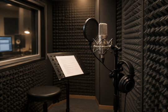 Recording studio isolation booth with walls covered in acoustic foam.