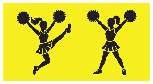 Black silhouette icons of cheerleaders holding pom poms on yellow background with cheerleader cheerleading silhouette background entertainment