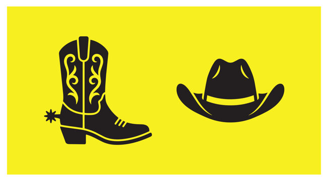 Western cowboy boot with spur and cowboy hat silhouettes wild west silhouette footwear american illustration isolated collection accessories