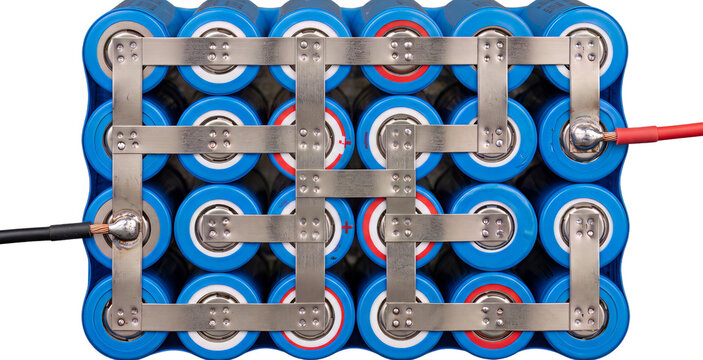 Lithium ion battery pack constructed with cylindrical cells connected by nickel strip spot welding.