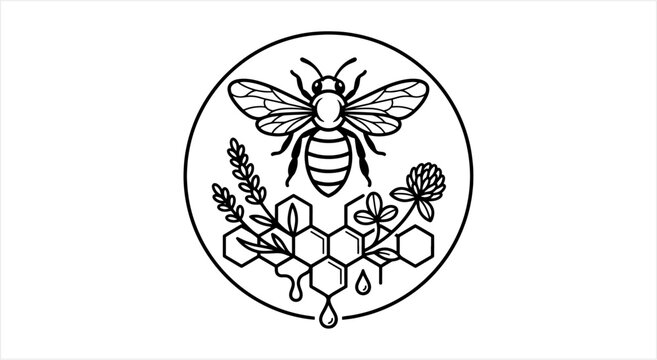 Circular Emblem Featuring a Detailed Bee and Honeycomb Design.