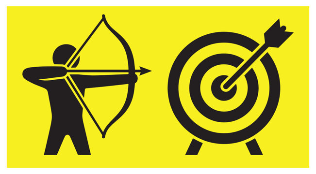 Black silhouette icon of an archer pulling a bowstring alongside a target with an arrow hitting the bullseye archery target bow and arrow bullseye