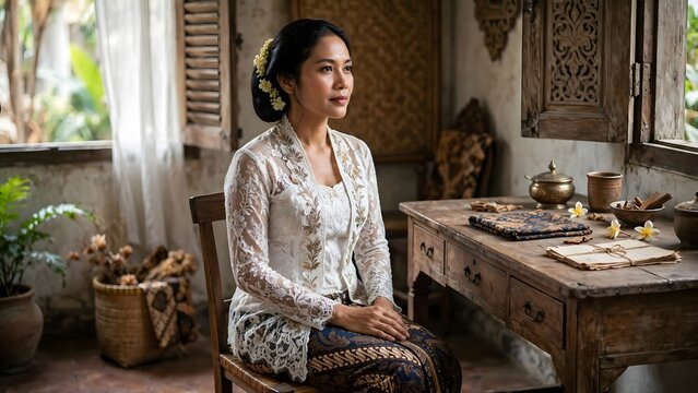 Indonesian woman wearing an elegant Javanese kebaya in a heritage-inspired interior