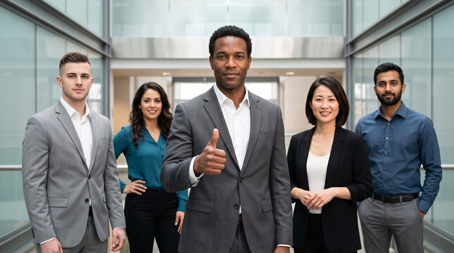 Confident diverse business team in a modern office with the male leader giving a thumbs up gesture