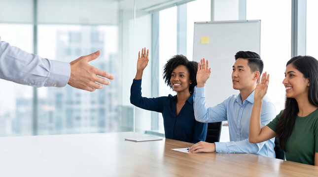 Business team raising hands to answer a question during a training seminar in a modern office