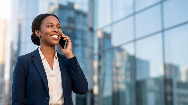 Smiling confident businesswoman talking on a smartphone outside office building