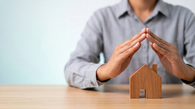 Hands of a person forming a protective roof over a small wooden house model on a desk