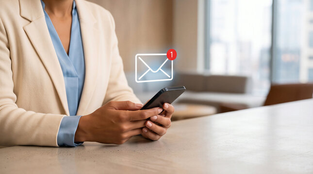 Businesswoman checking a smartphone with a digital email notification icon 