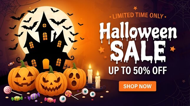 Happy Halloween Sale Banner. Halloween vector illustration with halloween pumpkins, and halloween elements
