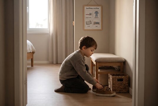 Child Practicing Independent Bedroom Cleaning And Organization Skills