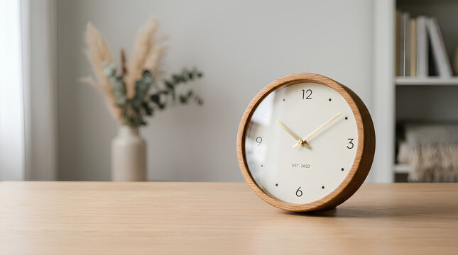 Modern round wooden analog clock on a desk in minimalist home office