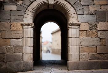 Fototapeta premium Ancient Stone Archway Entrance Leading to a Blurred Town Scene