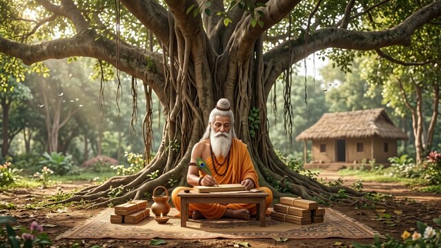 Sage Valmiki Writing Ramayana in Forest Ashram
