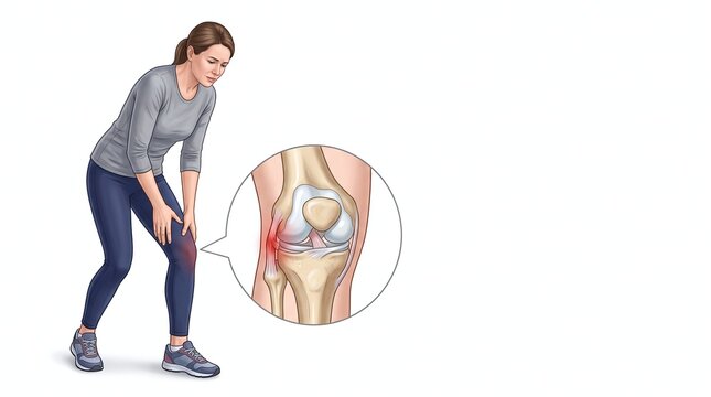 Woman experiencing knee pain with a close up anatomical view of a damaged knee joint