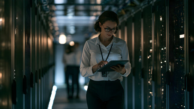 Data center IT specialist walks through aisles of server racks, using a tablet to inspect equipment, monitor network activity, and check connections in a cyber secure server room