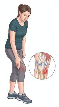 Woman experiencing knee pain with anatomical illustration detailing the joint's structures