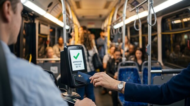 Woman using contactless card payment terminal on public transportation vehicle