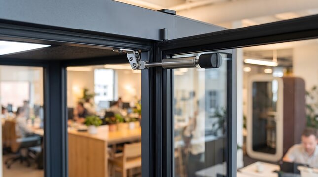 Door damper mechanism installed in modern office glass partition