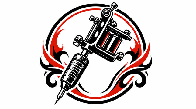 Tattoo machine emblem with circular tribal flames.