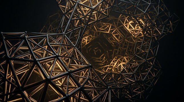 Abstract black and gold geometric lattice structure